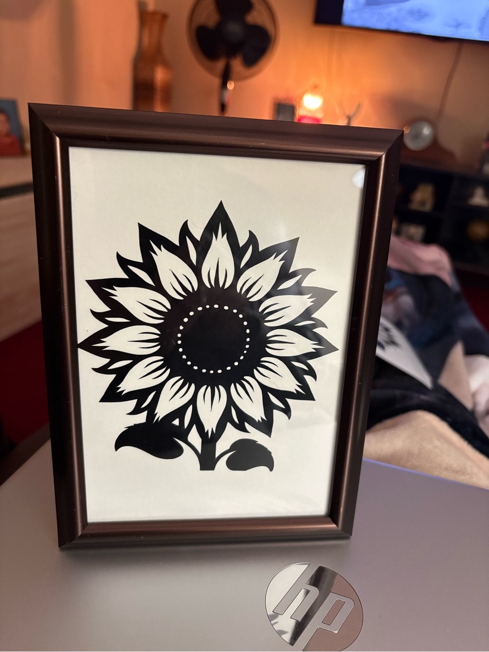 Black Sunflower Wall Art in Brown Frame